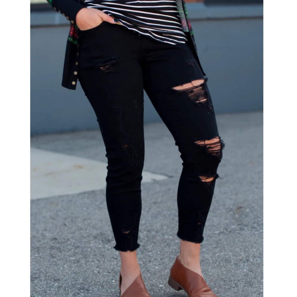 Vivette Black Denim Distressed Joggers